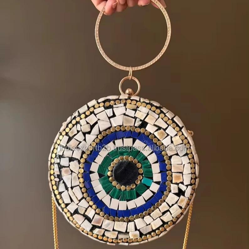 Stone Clutch Luxury Design Handmade Bags Silver Evening Designer women handbag with metal chain at low price by INDIA EXPORT B2B