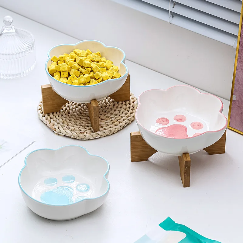 Cute Ceramic Elevated Food and Water Pet Bowl For Dogs and Cats with wooden shelf