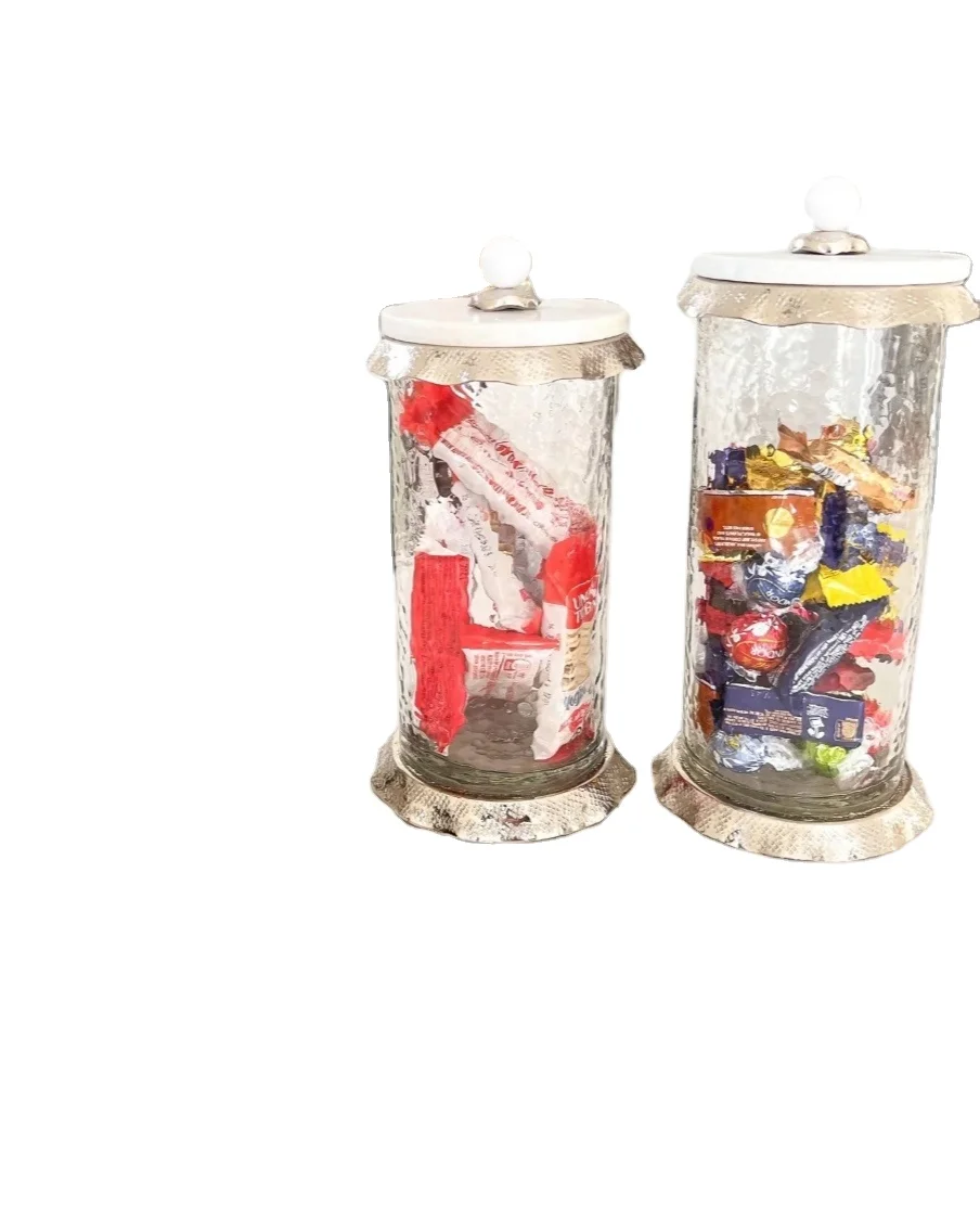 2022 Hot Selling Glass Canister With Golden Platted Luxury Leaf Design Hotel & Restaurant Decorative Canister