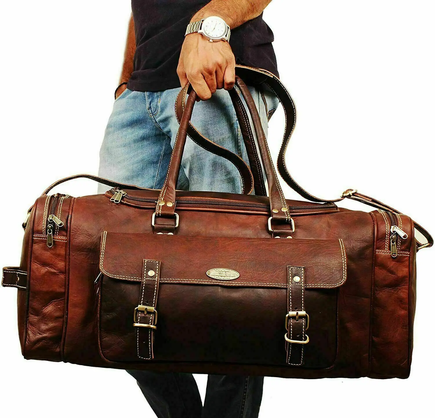 New Trending Genuine Custom logo Bag Luxury Leather Travel Men Duffel Luggage Gym L Vintage Weekend Brown 24 inch