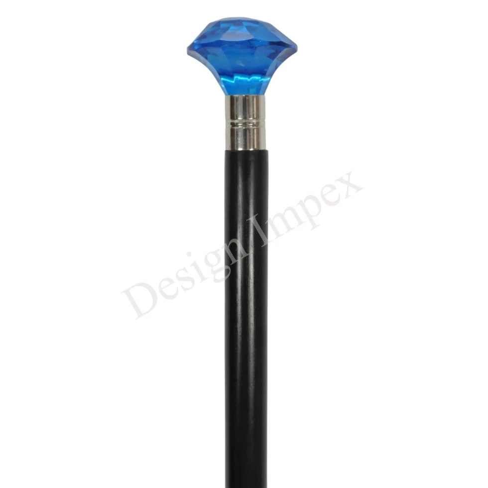 Gentleman Walking Stick With Blue Acrylic Diamond on Top Marvelous Style Wooden Black Walking Stick Rod Gift for Elders