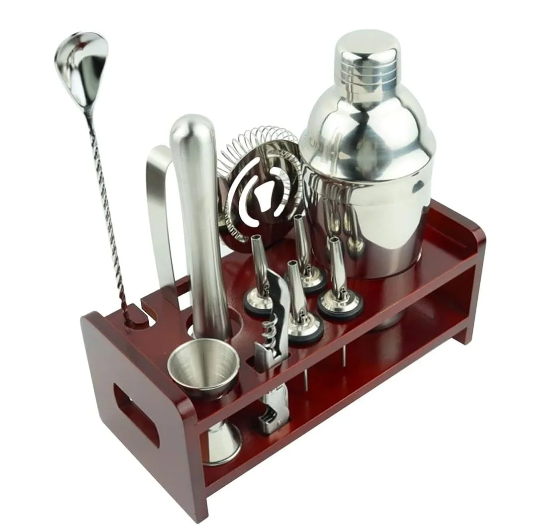 Bar Set Cocktail Shaker Cocktail Kit Stainless Steel Cocktail Making Set Bartender Kit with Wooden Stand