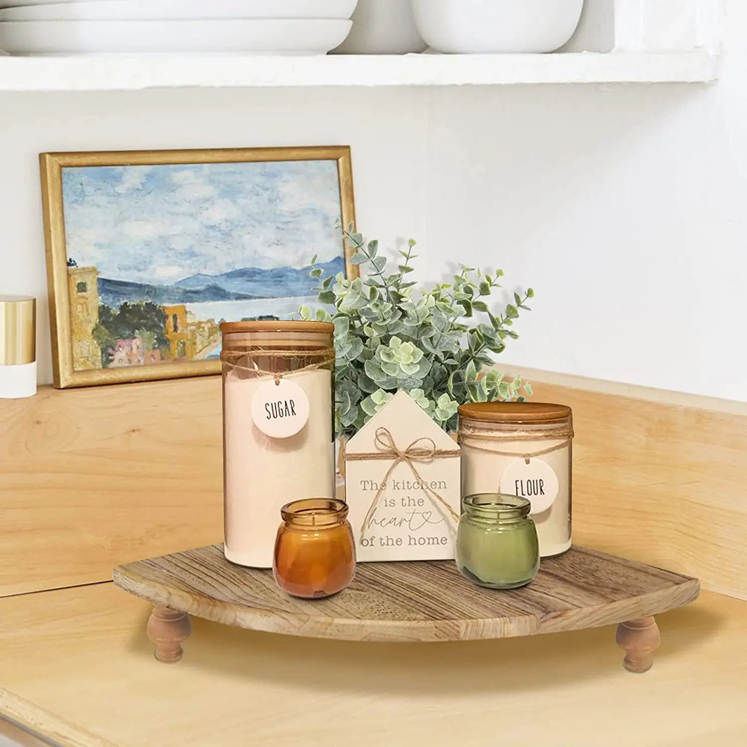 Home Kitchen Wooden Corner Raiser for Household Counter Shelf Rustic Brown Pedestal Stand Farmhouse Corner