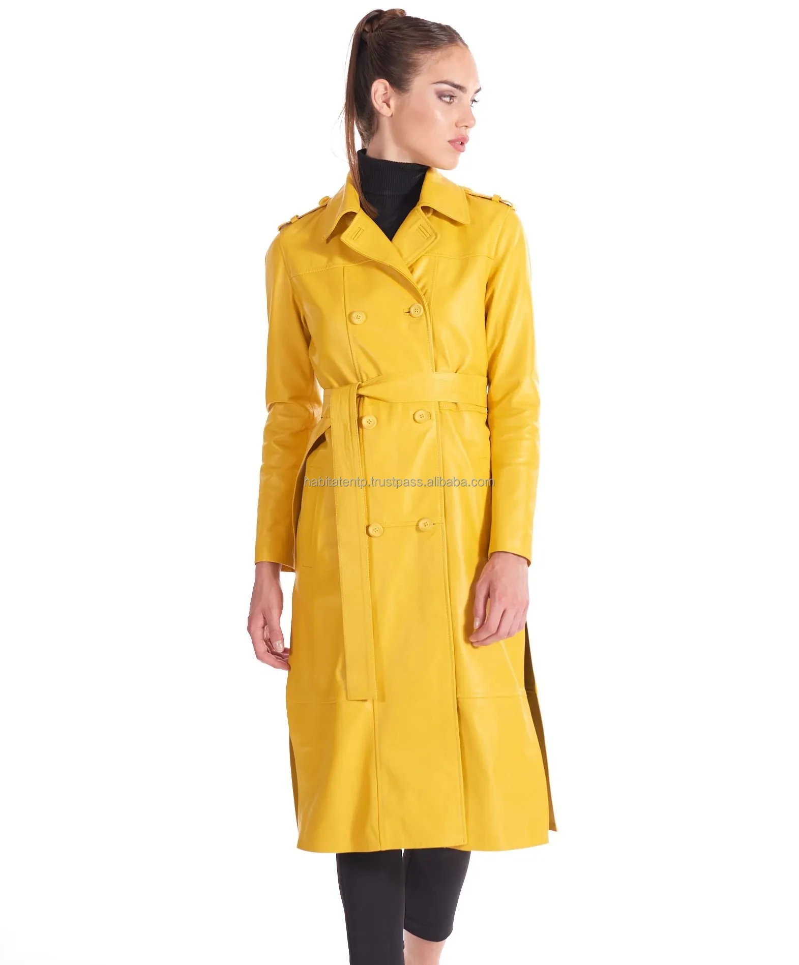 Women Yellow Leather Double Breasted Long Coat