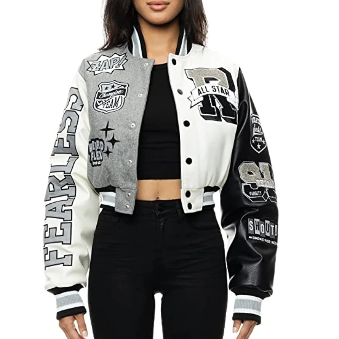 Custom Crop Letterman Varsity College Jackets in Colors for Women Ladies with Custom Chenille Embroidery Patches at Wholesale