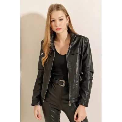 1024 High Neck Leather Jacket - Beige