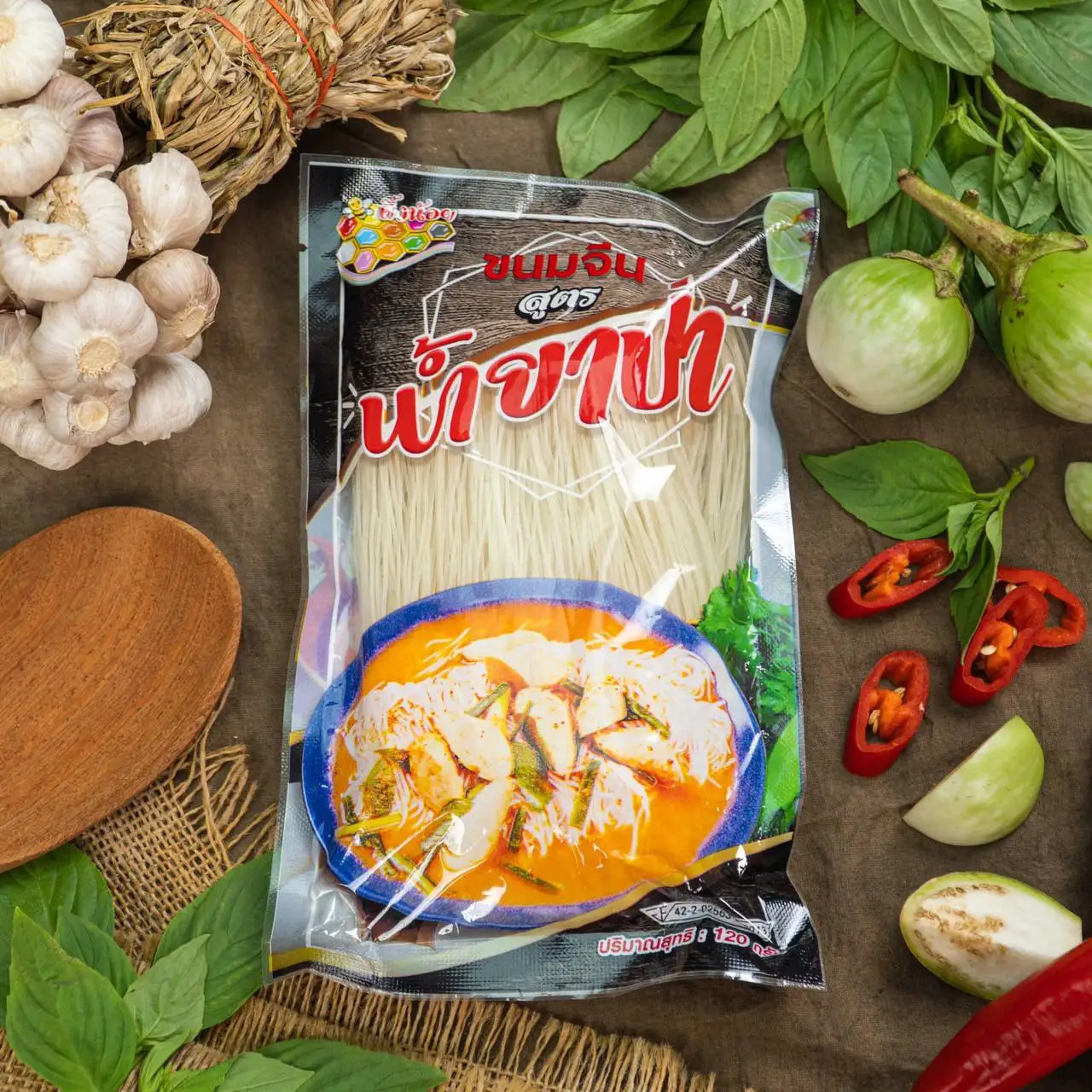 Instant Rice Noodles (Khanom Jeen) in Fish Curry Sauce  Thai Hot and Spicy Tasty Phungnoi Noodle Brand 120g./Pack