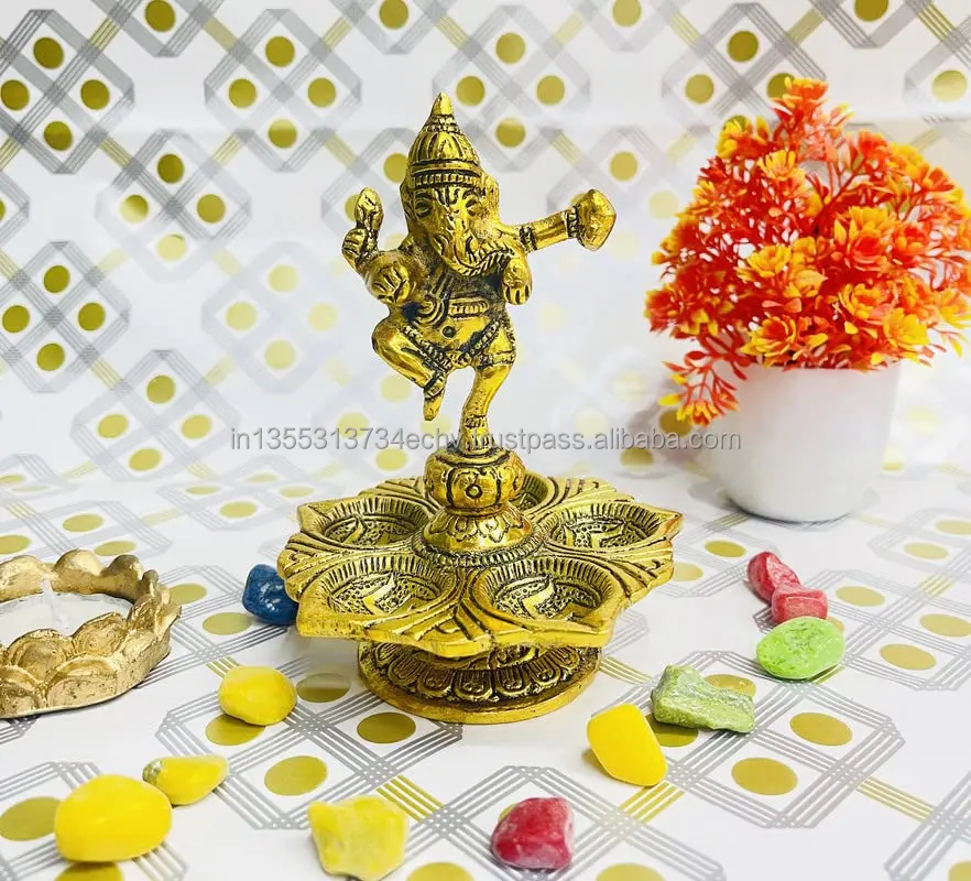 German Silver Golden Dancing Lord Ganesha With Diya Return Gift Diwali Diya Gold Oxidized Oil Lamp