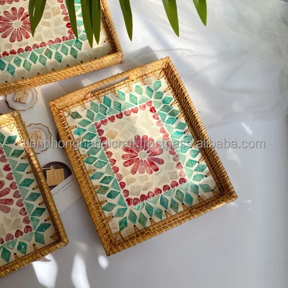 NEW DESIGN Rectangle Rattan Mosaic Tray 3 Sizes | Mother of Pearl Tray for Home Restaurant Coffee Shop | Birthday Gift