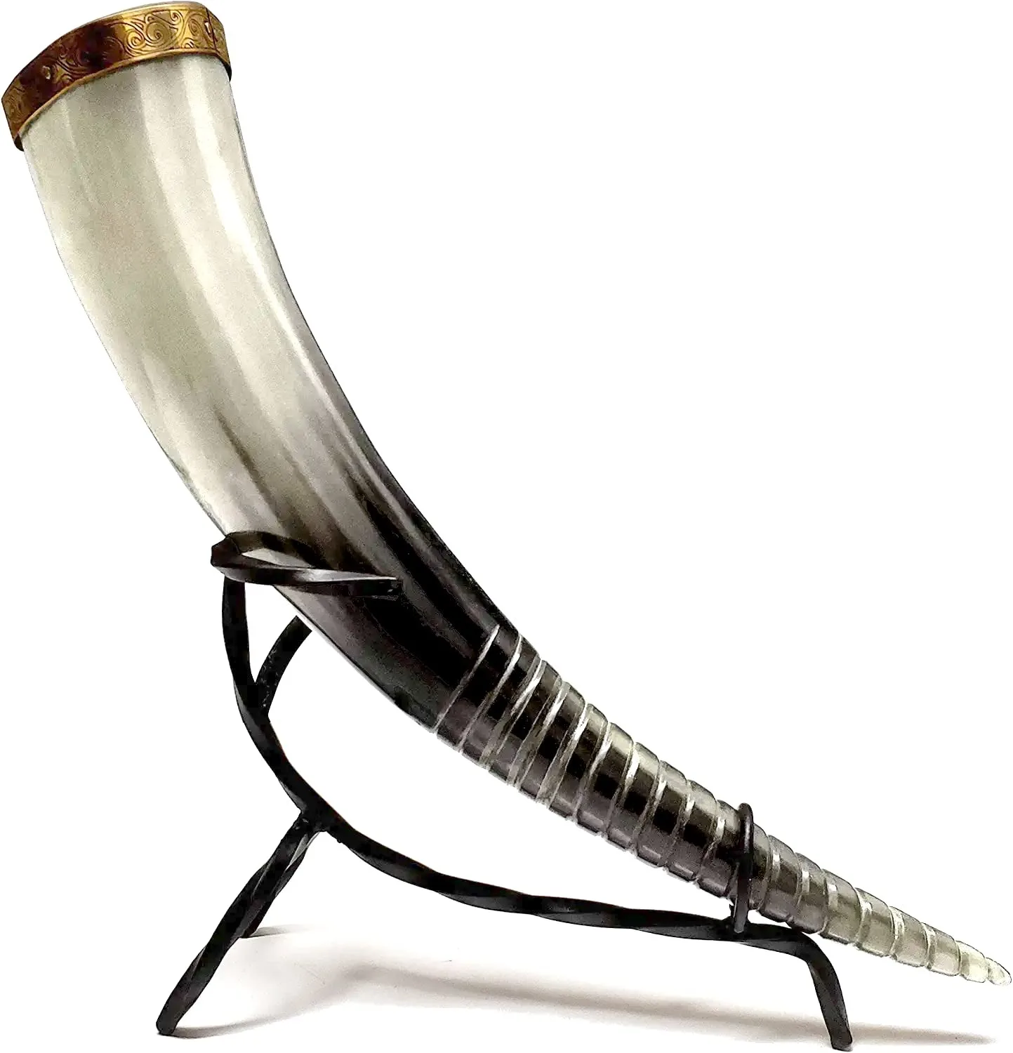 Attractive Polished Buffalo Horn Drinking Horn with Mother of Pearl Flower Design Animal Style Stand and Decorative Flower Pot
