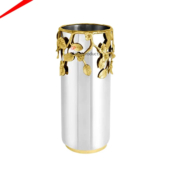 decorative metal cylinder shaped flower vases with golden flower on top home decoration flower pot