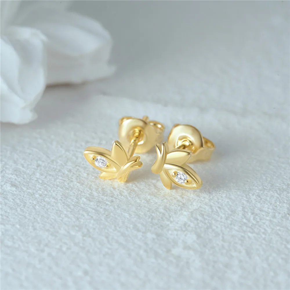 CANNERCustom Women Earrings Small Cute Butterfly Wing Shaped 18K Gold Plated 925 Sterling Silver Stud Earrings