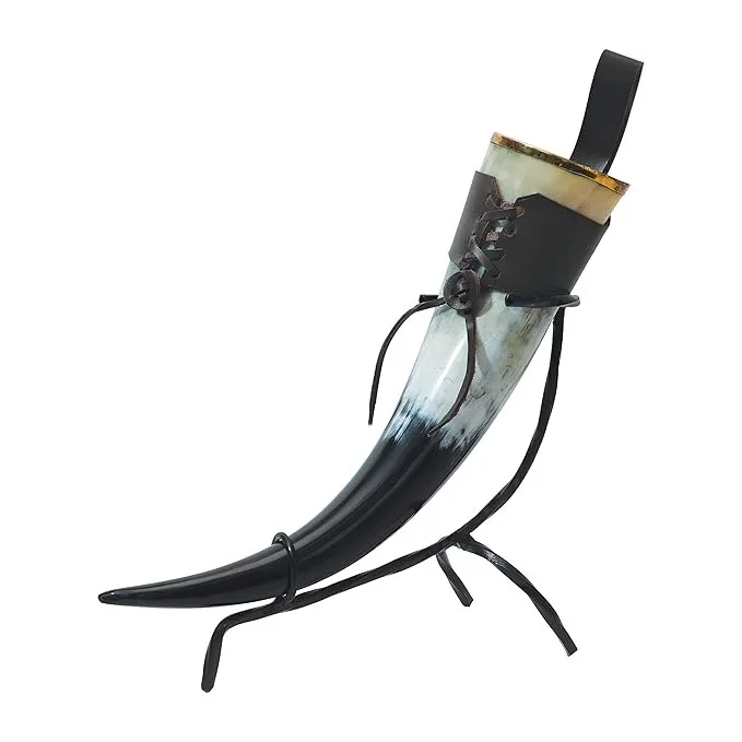 Attractive Polished Buffalo Horn Drinking Horn with Mother of Pearl Flower Design Animal Style Stand and Decorative Flower Pot