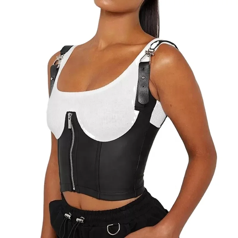 Fashion vest PU leather stitching sleeveless short zipper jacket discipline corset women