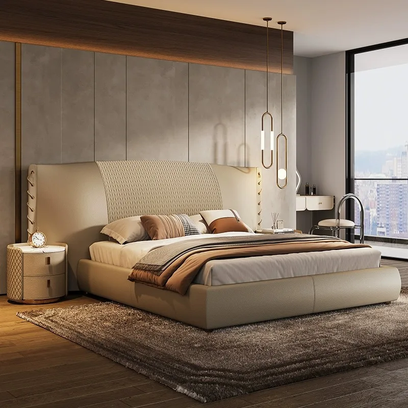 Light Luxury Genuine Leather Double King Bed with Modular Headboard Simple Modern Master Bedroom Villa Furniture Set