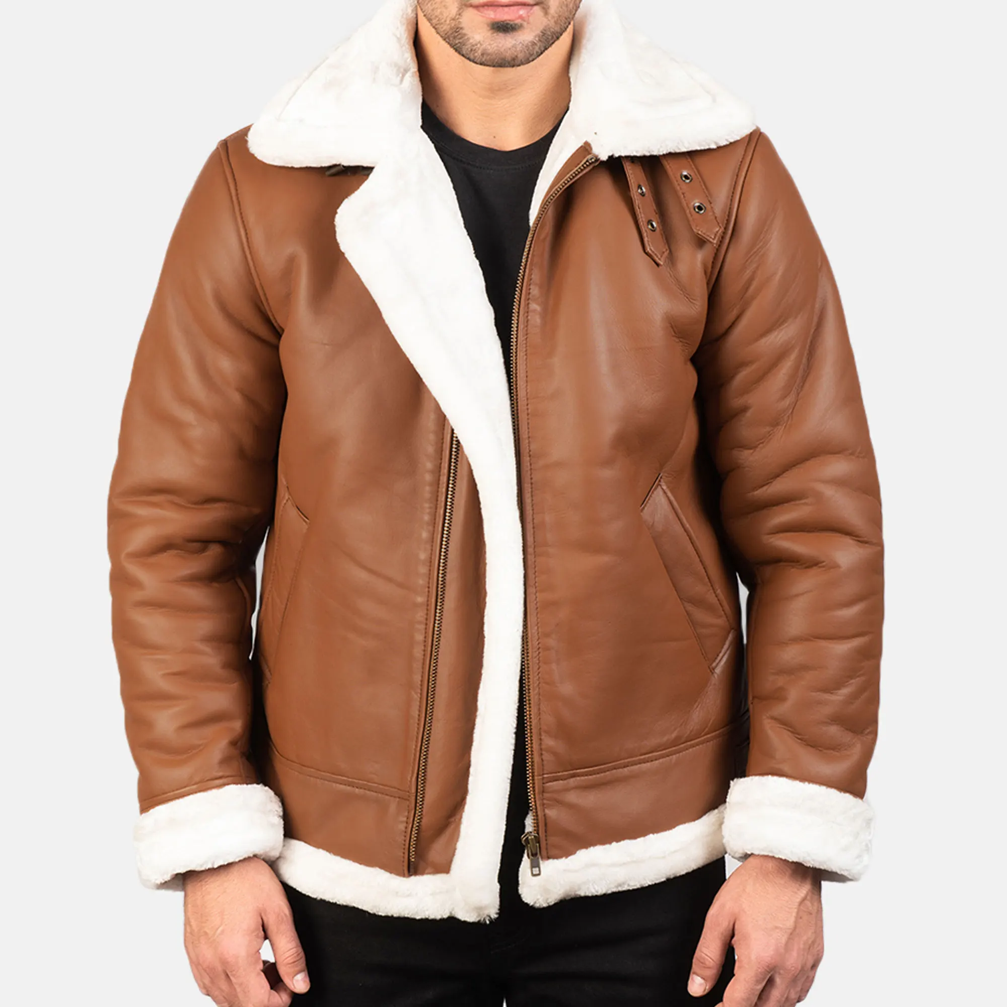 Super Quality Aviator Brown Shearling White Fur Leather Jacket Custom Genuine Leather Manufacture