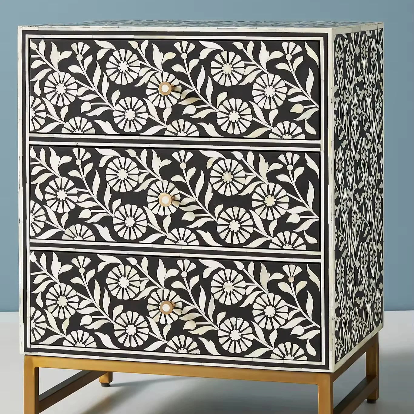 Premium High Quality Solid Wood Bedside Nightstand Indian Luxury Sunflower Black Design Modern Smart Home Bedroom Furniture