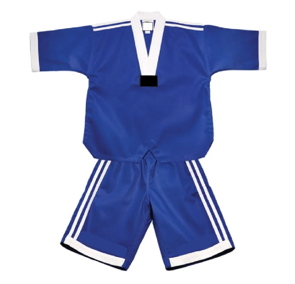 Students Summer Short Sleeves BLUE with  White V Neck Taekwondo Uniform with white drawstring Short Dobok Kimono