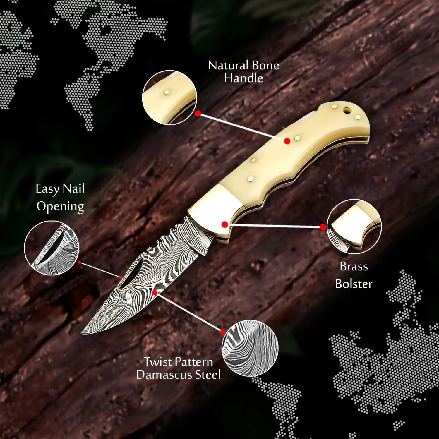 6.5 Inch Handmade Damascus Pocket knife for Men Folding Knife with back lock & Sharpening Rod Pocket knife for Camping Hiking