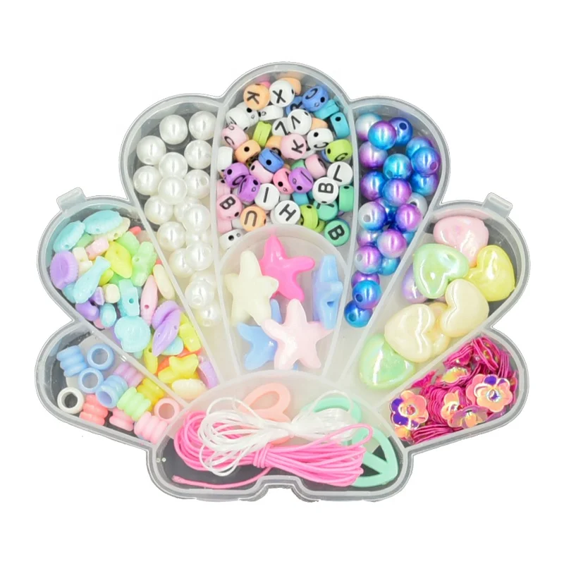 Hot Selling Kid Cartoon Seashells Plastic Acrylic Alphabet Letter Mermaid Color Faux Pearl DIY Beads For Bracelet Making Kit