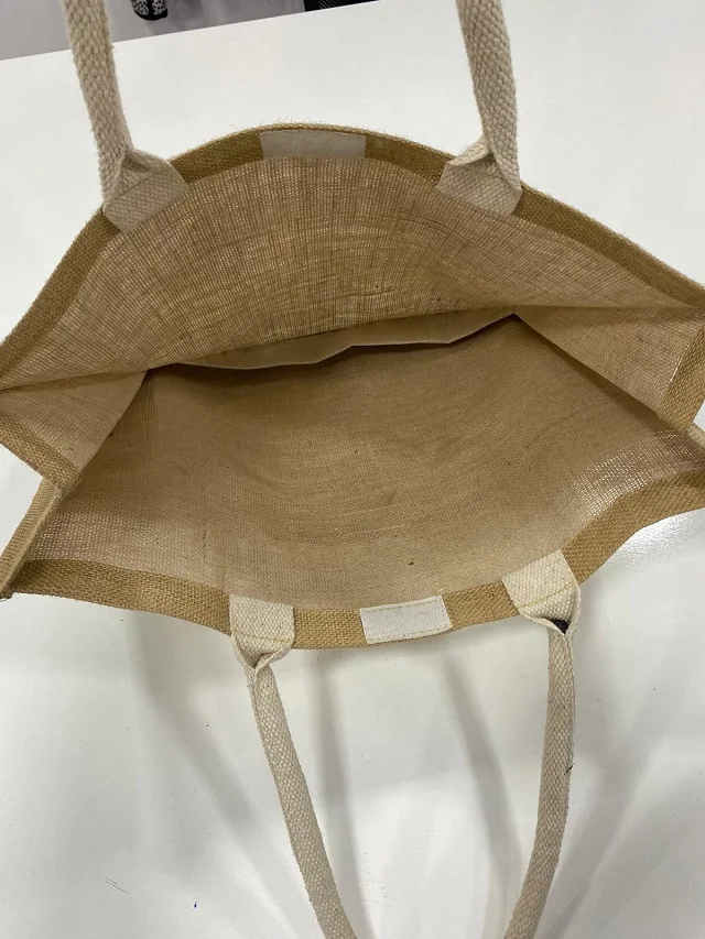 Jute shopper Bag heat transfer print with outer pocket designs sizes Colors Printing packing styles manufacturer and wholesales.