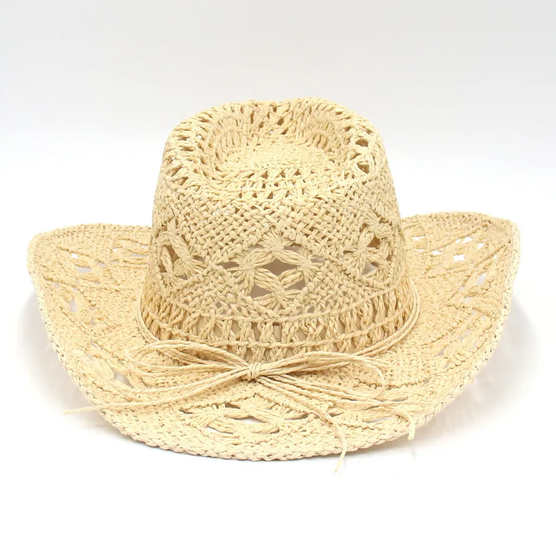 Unisex American Style Cowboy Hat Spring Summer Hand-Woven Straw Jazz Hat Hollow Design Breathable Cool Fishing Outdoor