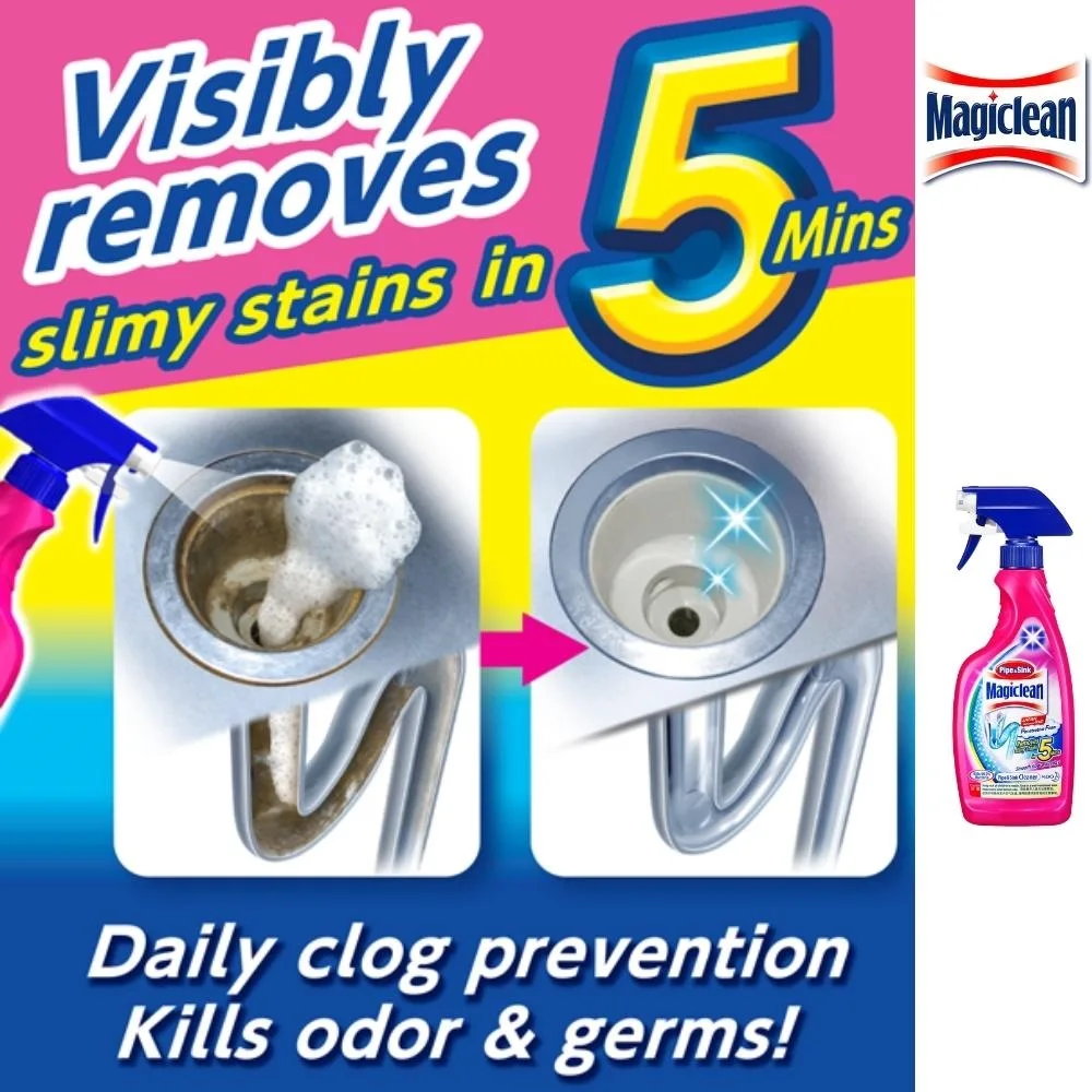 Household Cleaning Everyday Low Foam Magiclean Pipe & Sink Liquid Cleaner Trigger Spray 500ml for Removing Bad Smell and Drain