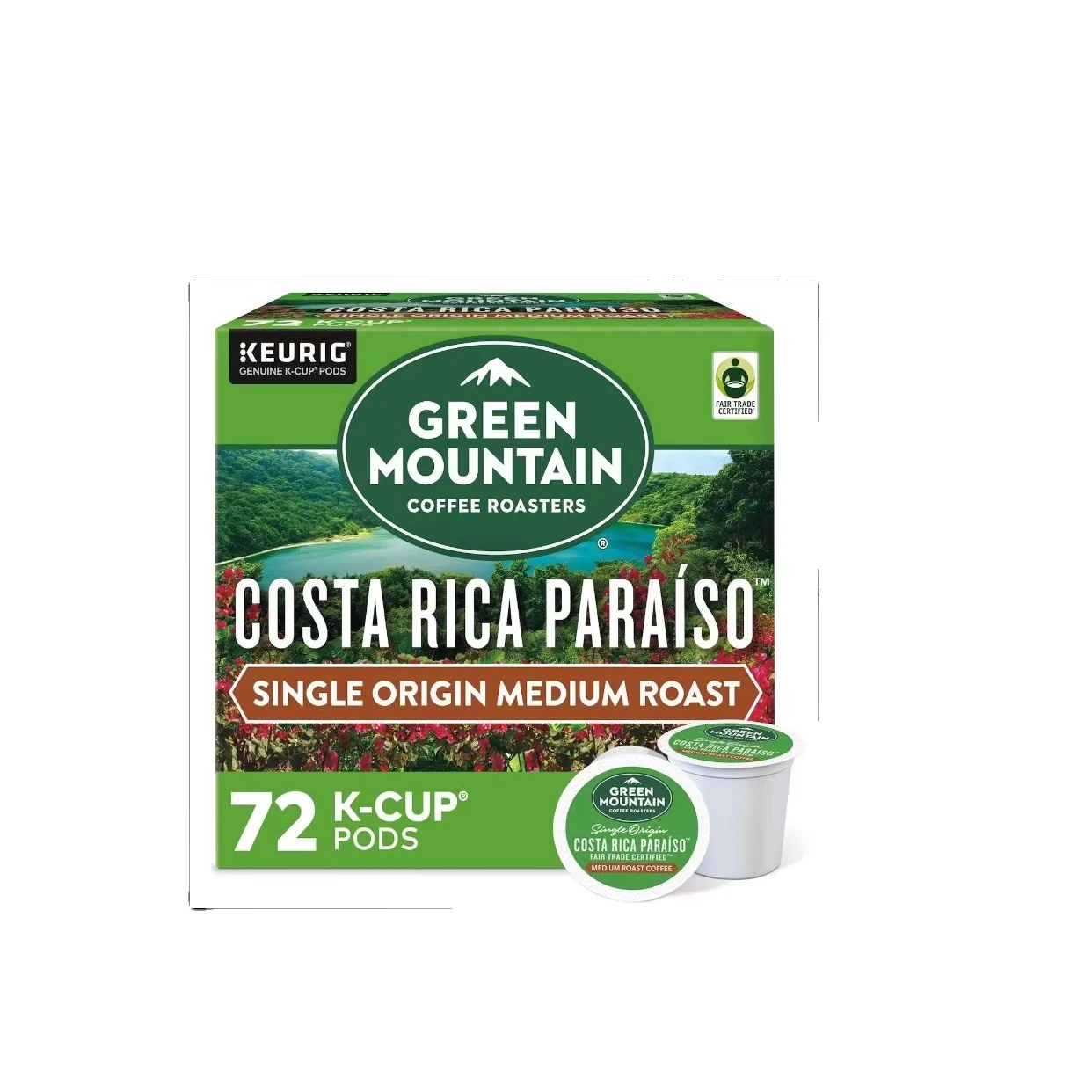 Green Mountain Medium Roast Cream Flavor Instant Coffee 72 Count-6 Packs of 12 K-Cup Pods from Costa Rica Paraiso Single-Serve