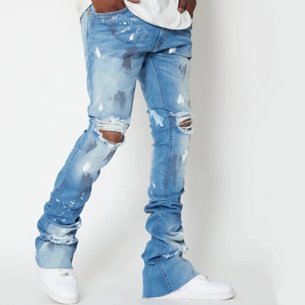 OEM/ODM custom stacked jeans men hole ripped jeans men print stacked jeans men distressed denim pants