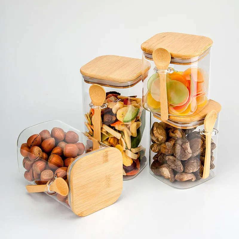 Wholesale borosilicate food storage container clear spice sugar food square glass storage jar with bamboo lid spoon