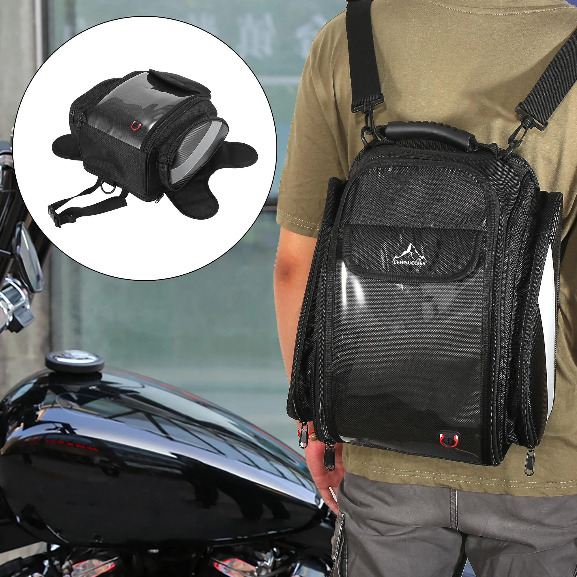 Outdoor Motorbike Fuel Saddlebag Strap Backpack with Waterproof Rain Cover RPET Recycle Motorcycle Magnetic Tank Tool Bag