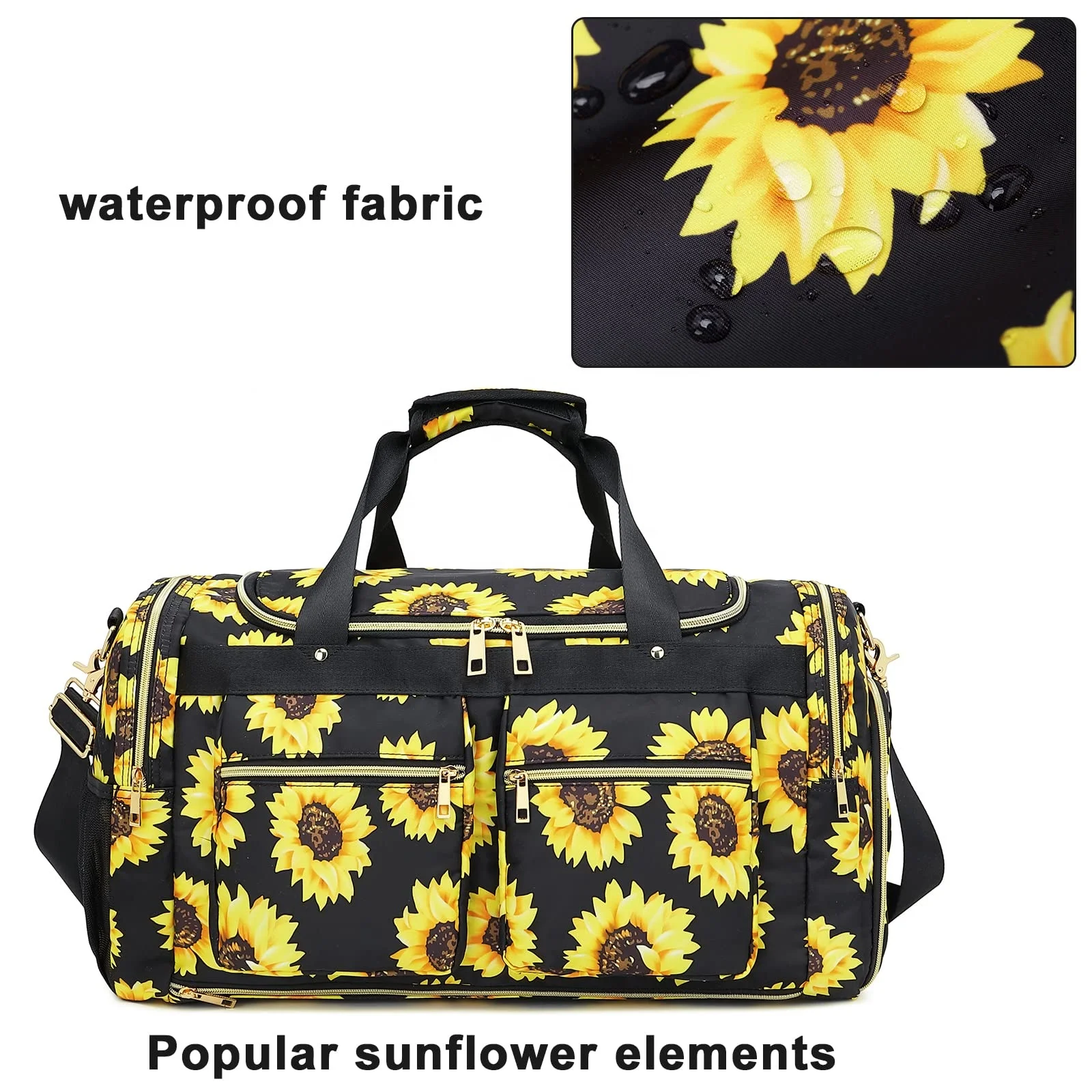 Weekender Overnight Duffel Bag Shoe Pocket for Women Men Weekend Travel Tote Carry On Bag (Sunflower Black) Travel Bag