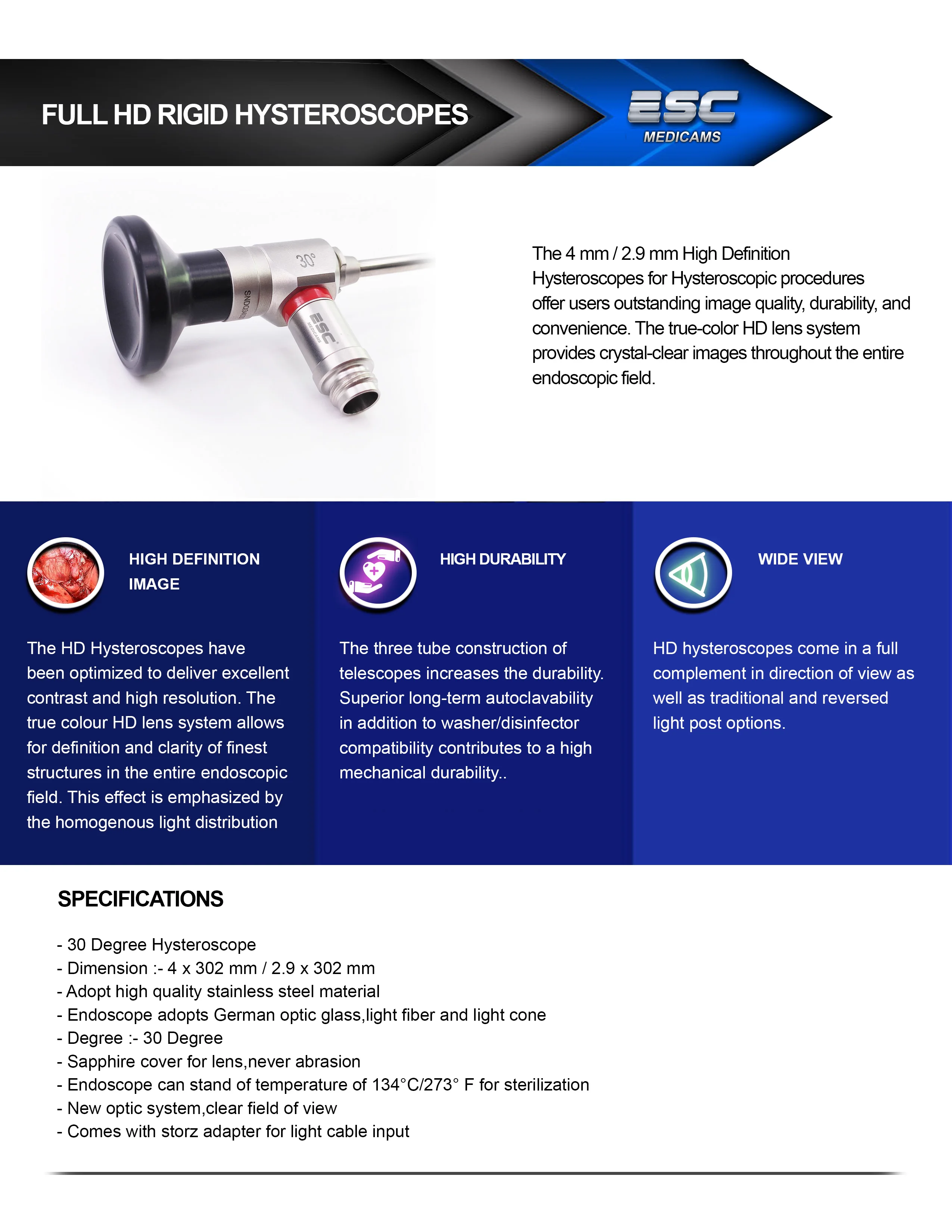 Hysteroscope 4mm 30 Degree Rigid Endoscope Urology Surgical Instruments Full HD Optics 1080p