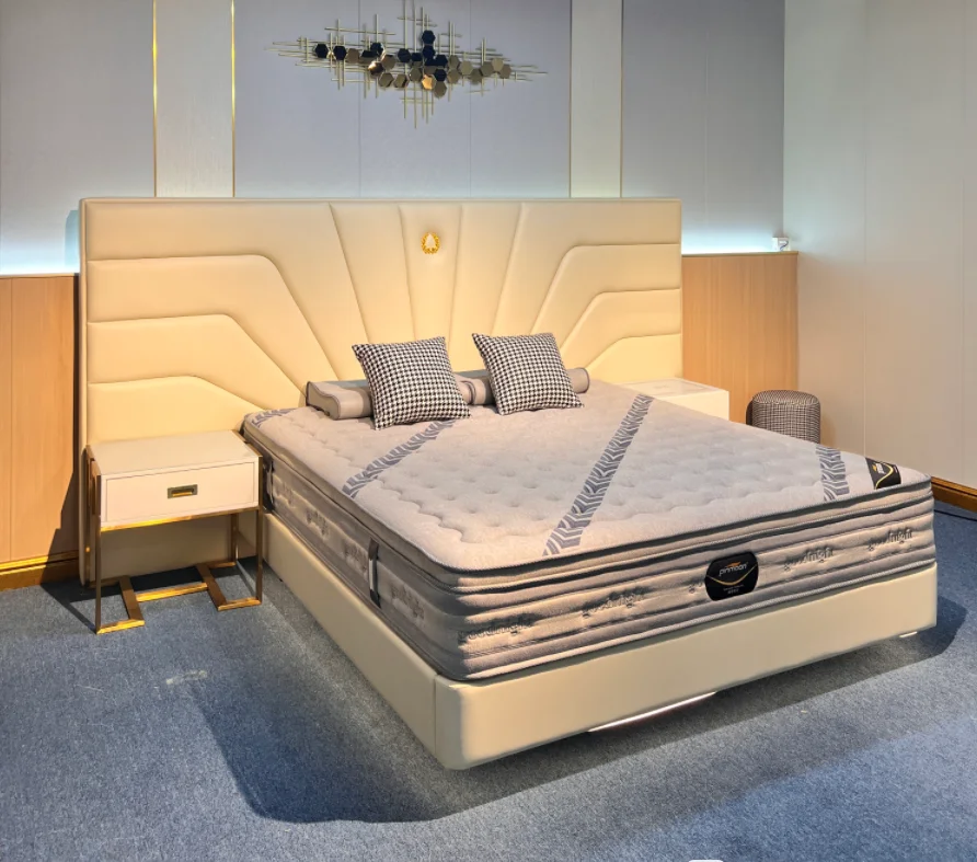 Queen size upholstered platform solid wood bed frame golden metal legs beige leather bedroom furniture soft bed