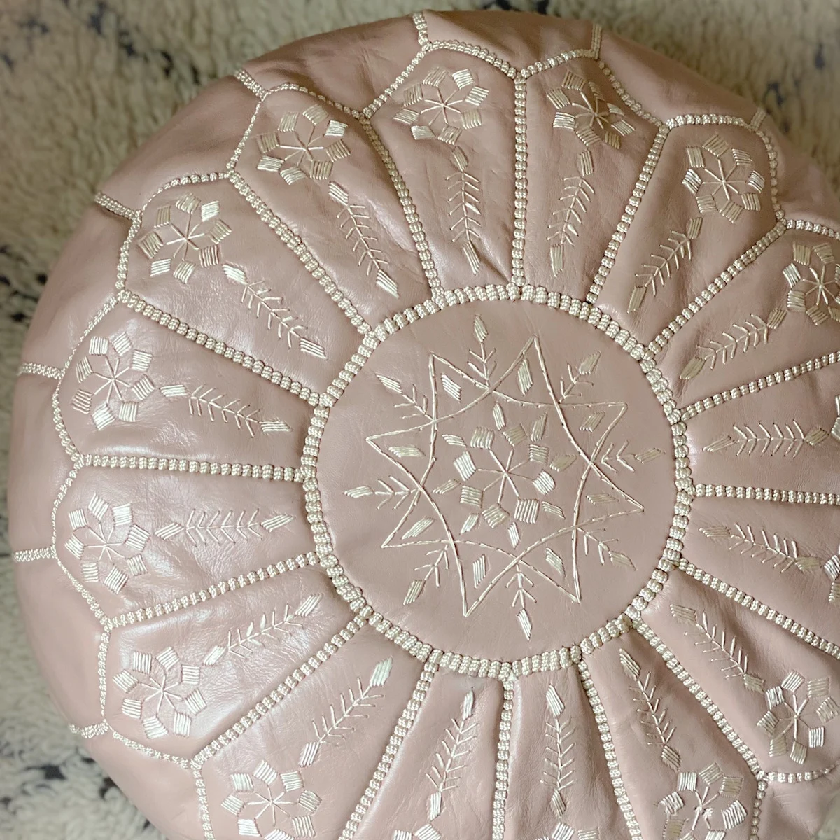 Moroccan Genuine Leather Mauve Pouf Ottoman Handstitched Round Leather Poufs Home Decor Low Seat Footstool