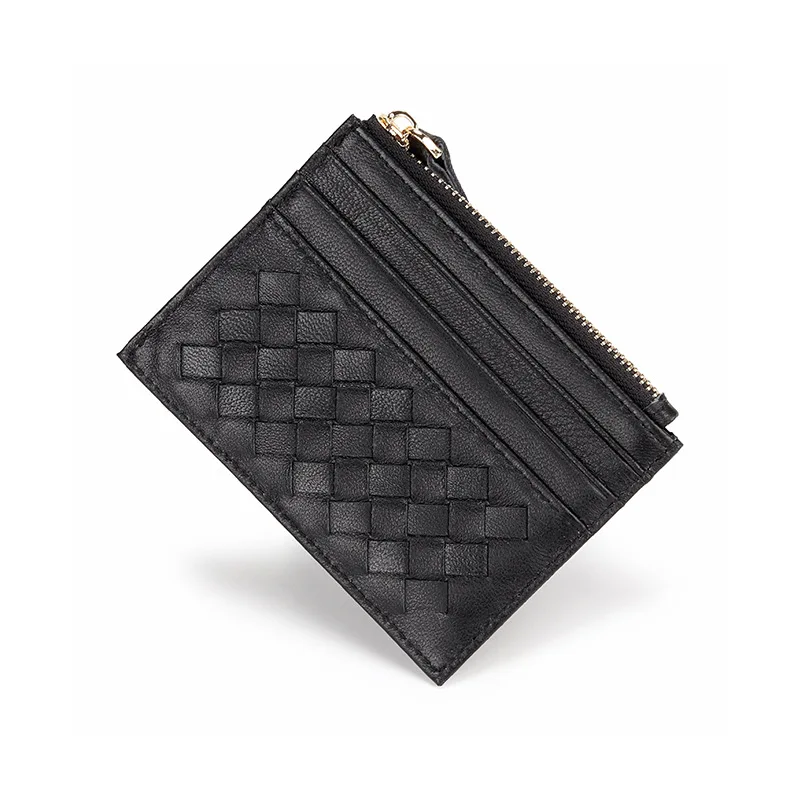 2024 Trending Small Minimalist Genuine Leather Credit Card Holder Handmade Knit Pouch Change Cash Organizer Slot Zip Closure