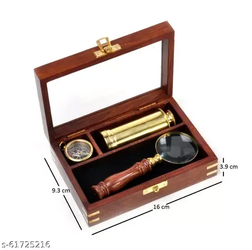 Gift Set Magnifier Glass Indian Wood Magnifying Glass Brass Telescope Compass with Wooden Box Nautical Supplies