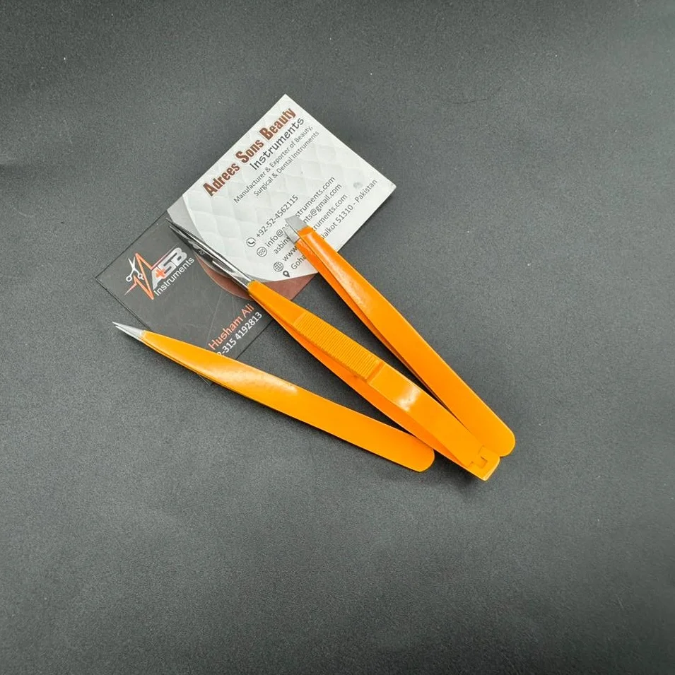 Orange Color Eyebrow Tweezers Custom Logo Sustainable Steel Slanted Pointed Tips Brow Tweezer With Brow Eyelash Spring Scissor