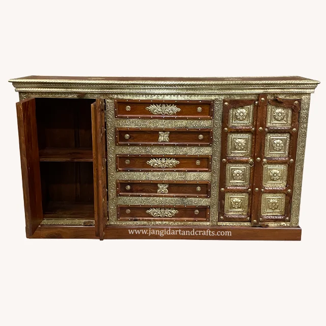 Vintage Brass Fitted Furniture Wooden Buffet Corner Cabinet for Storage Kitchen Sideboard Buffet Cabinet by Jangid Art & Craft