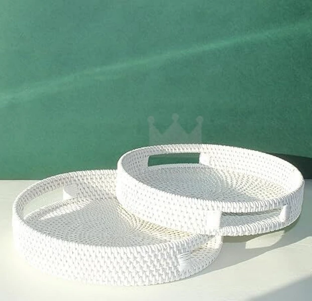 Round White Rattan Serving Tray with Handles, 11.8 inch, Hand Woven in a Durable Stunning Design