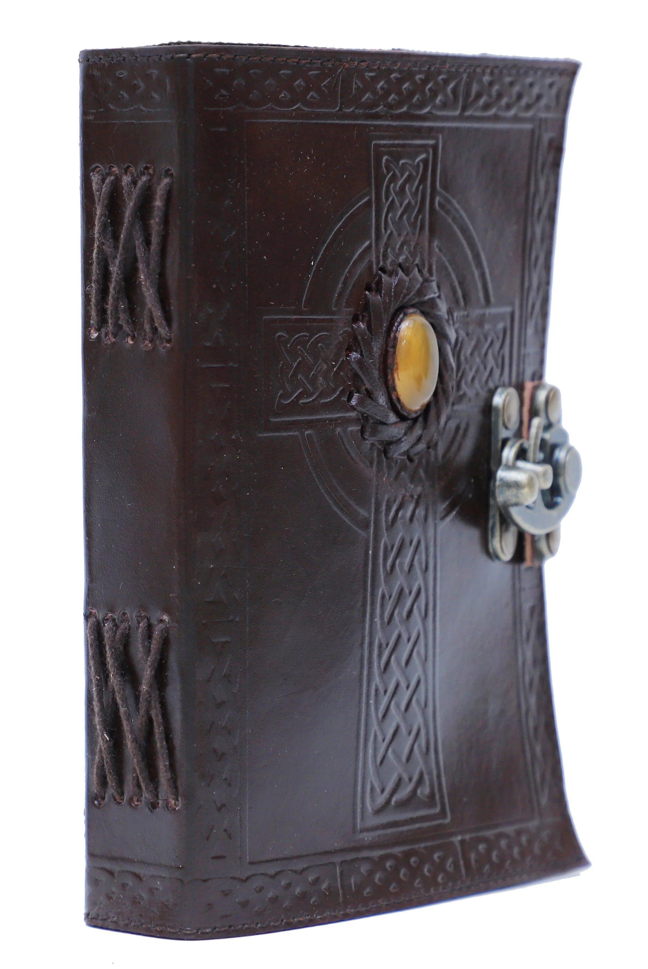 Celtic Cross With Tiger Stone Handmade Leather Journal Blank Page Sketchbook Brown Hardcover Notebook With Antique Metal Lock