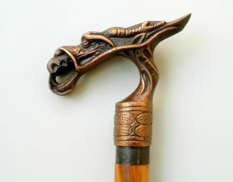 Handmade Walking Stick with Dragon Head Handle for Men and image 1 Handmade Walking Stick with Gothic Dragon Steampunk  for Men