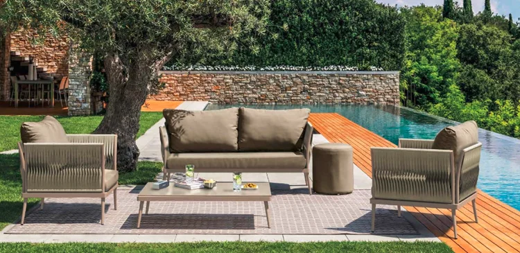 Luxury hotel outdoor furniture home backyard outdoor sofa villa sales garden rope sofa set Woven Rope Aluminium Sofa Set