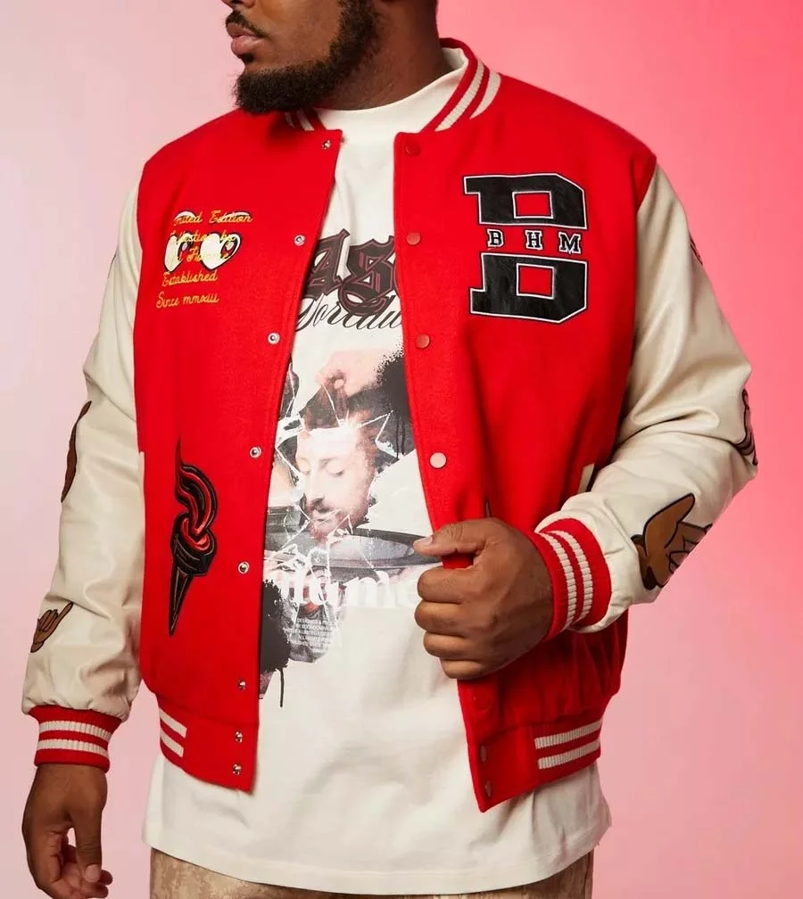 Custom Baseball Versity Jackets For Men Genuine Leather Sleeves Multiple Embroidery Patch Red Black Letterman Varsity Jacket