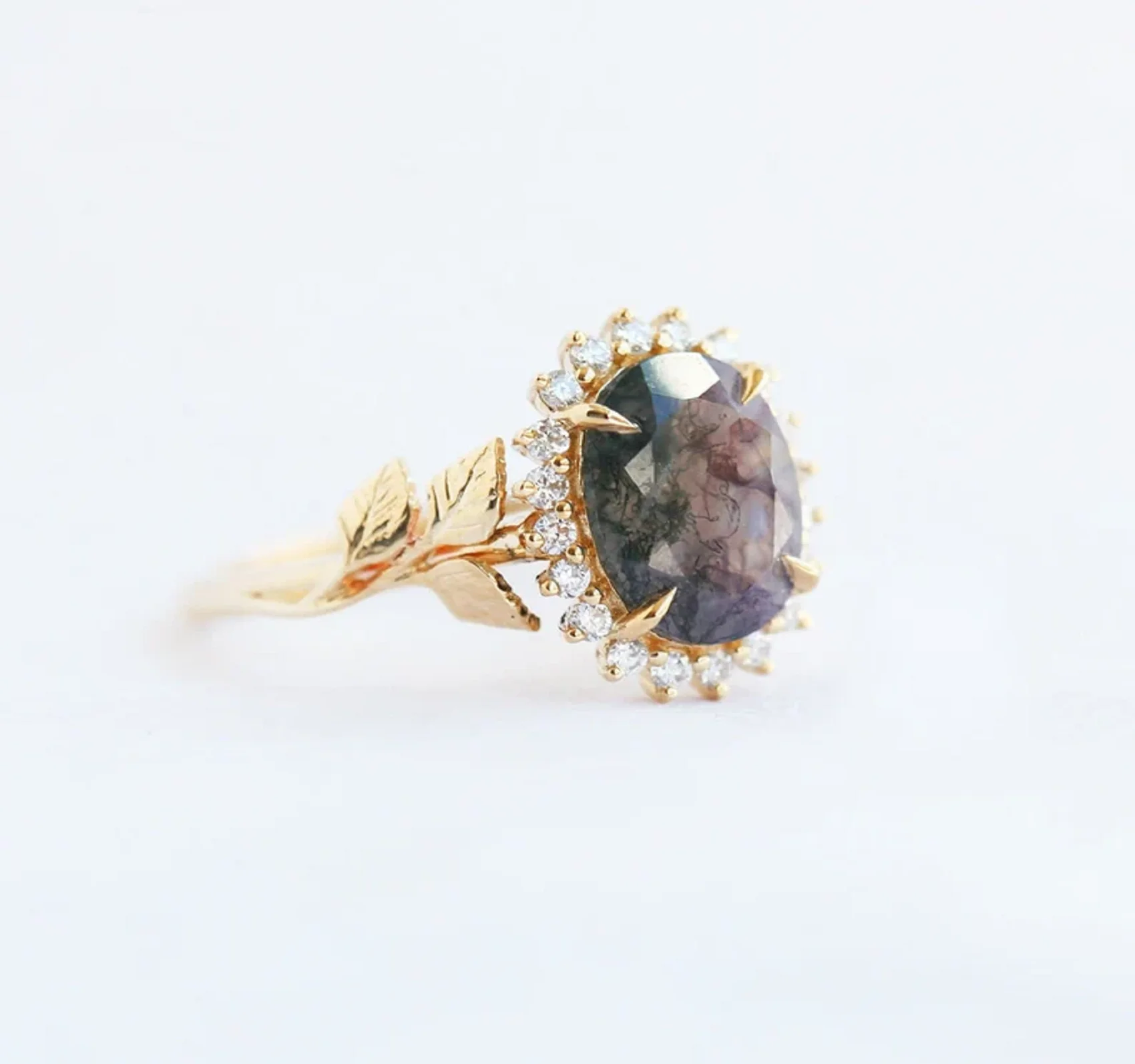 18k Solid Yellow Gold Wholesale Women Jewelry Oval Moss Agate Ring Engagement Wedding Promise Rings For Gift Vintage Flower Ring