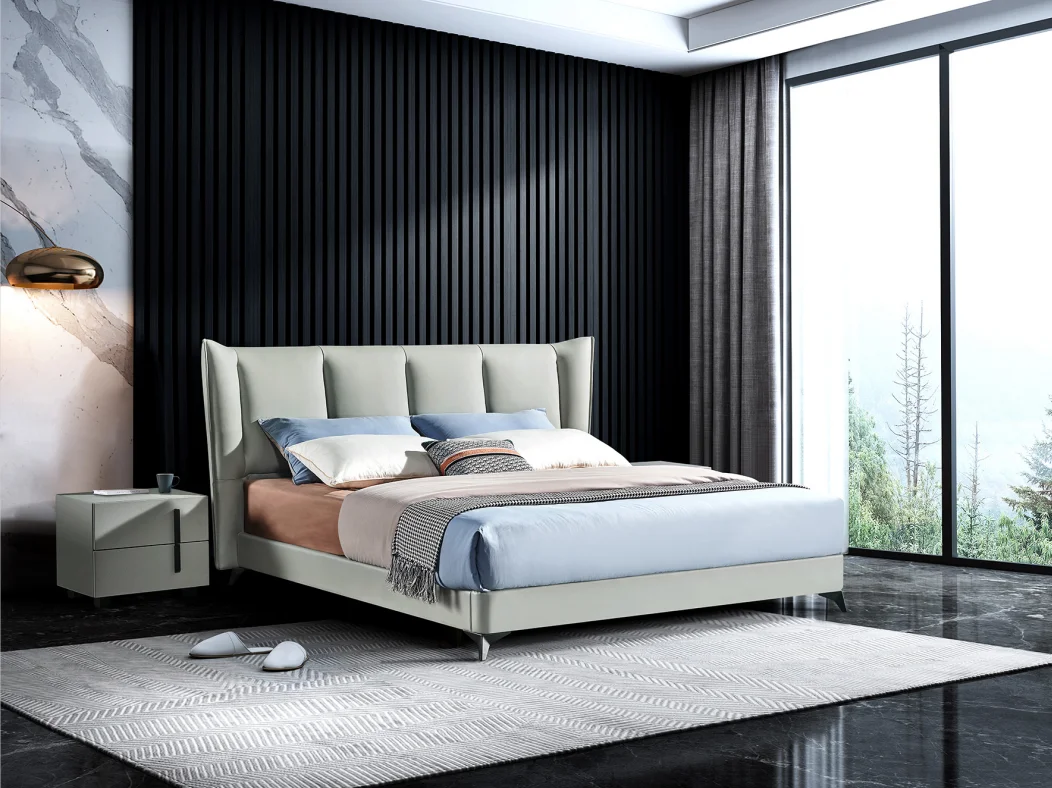 Leather Bed Frame Platform Headboard Bedroom Furniture Design Wooden Luxury Queen Size King Size Customized Modern 10 Sets P821