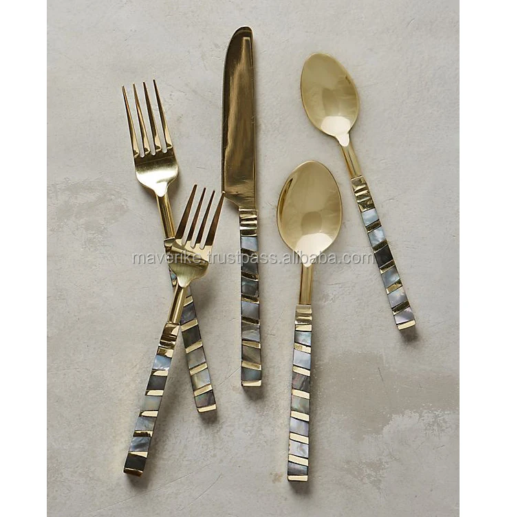 Glossy Gold Stainless Steel Flatware Sets with mother Of pearl handle Household Kitchenware Metal cutlery set of 5 Piece