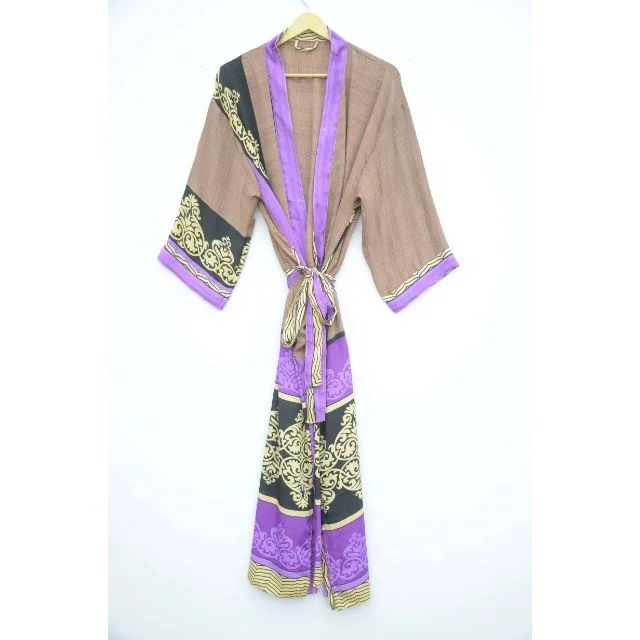 New Arrival Silk Boho Kimono Robe Regal House Robe Luxury Lounge Digital Print Flowy Gown Loungewear
