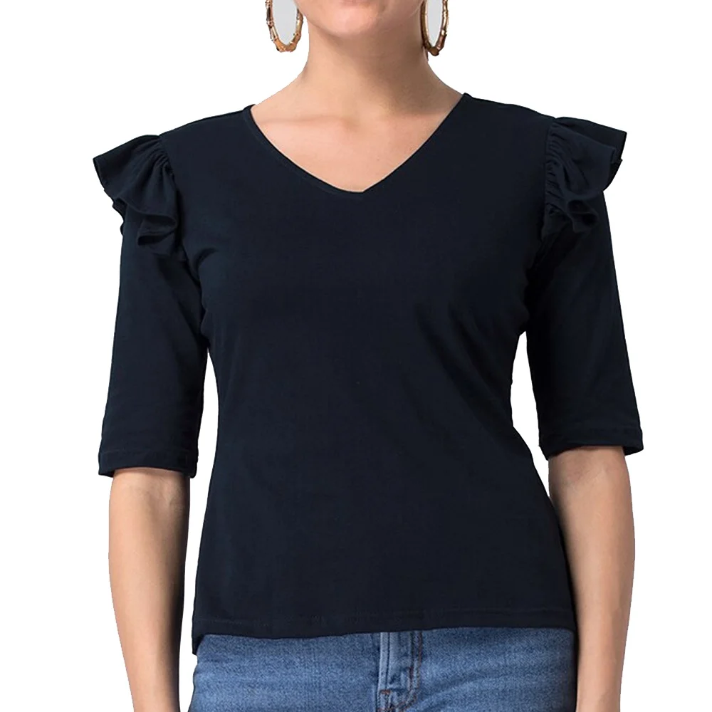 High Quality Casual Wear Summer V Neck Ruffle Women Top / Wholesale Price Solid Color Half Sleeves Tshirt For Women