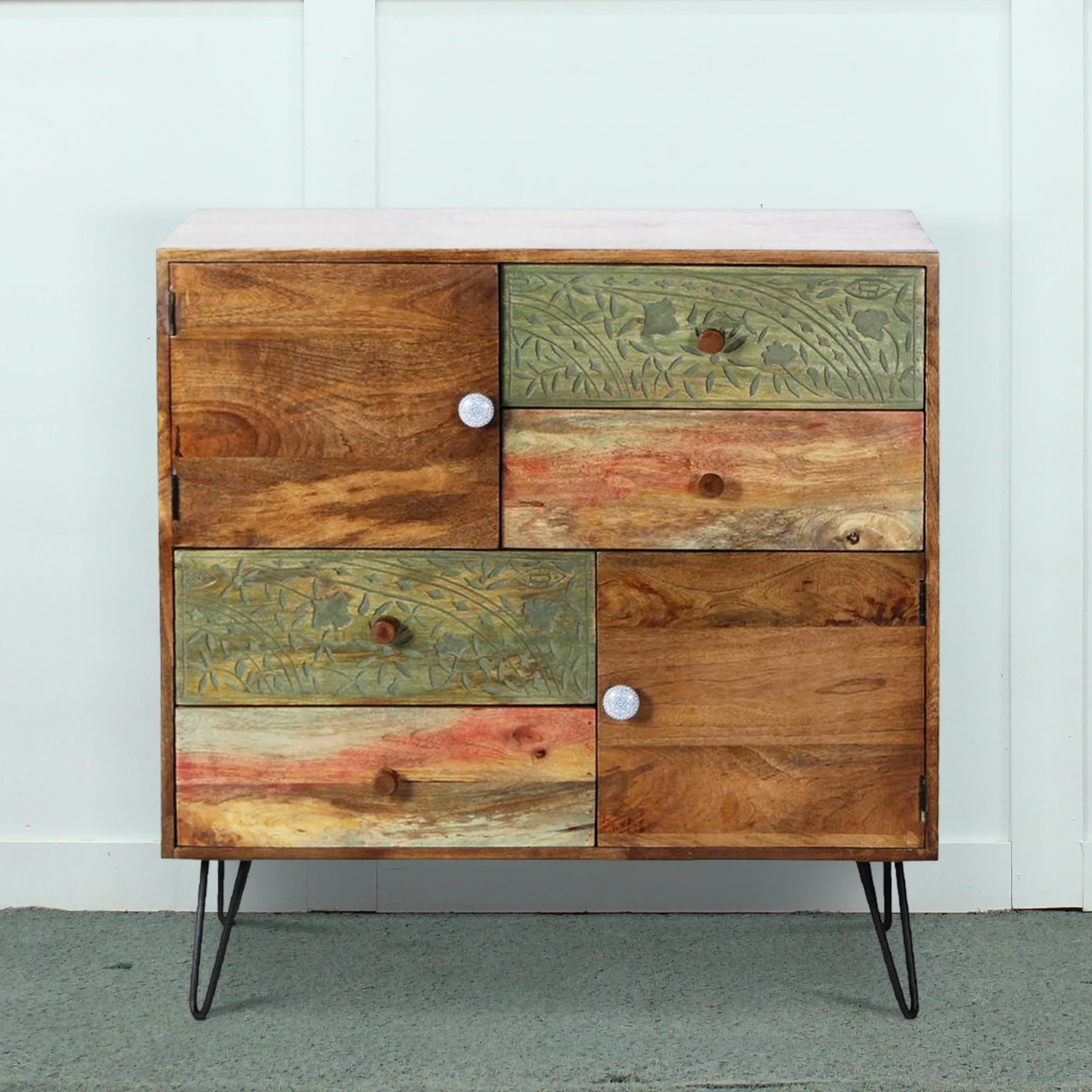 Rustic Industrial Four-Drawer Two-Door Cabinet in Teak Finish Hand Painted Hair Pin Look Metal Legs for Dining Bedroom Storage